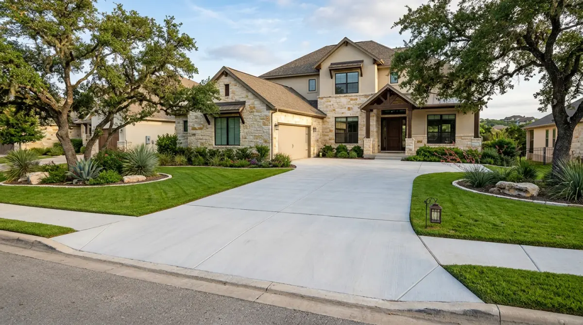 New concrete driveway sweeping up to a two story home