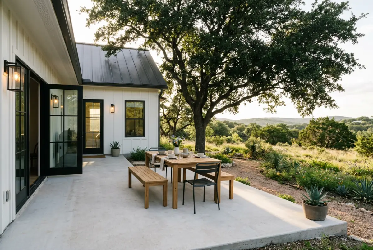 Plain concrete patio with a wood table beside a white farmhouse
